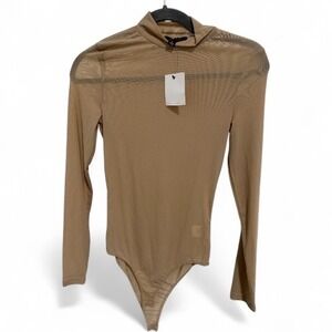 Hera Collection Beige Mesh Long Sleeve Mock Neck Bodysuit - Size S‎